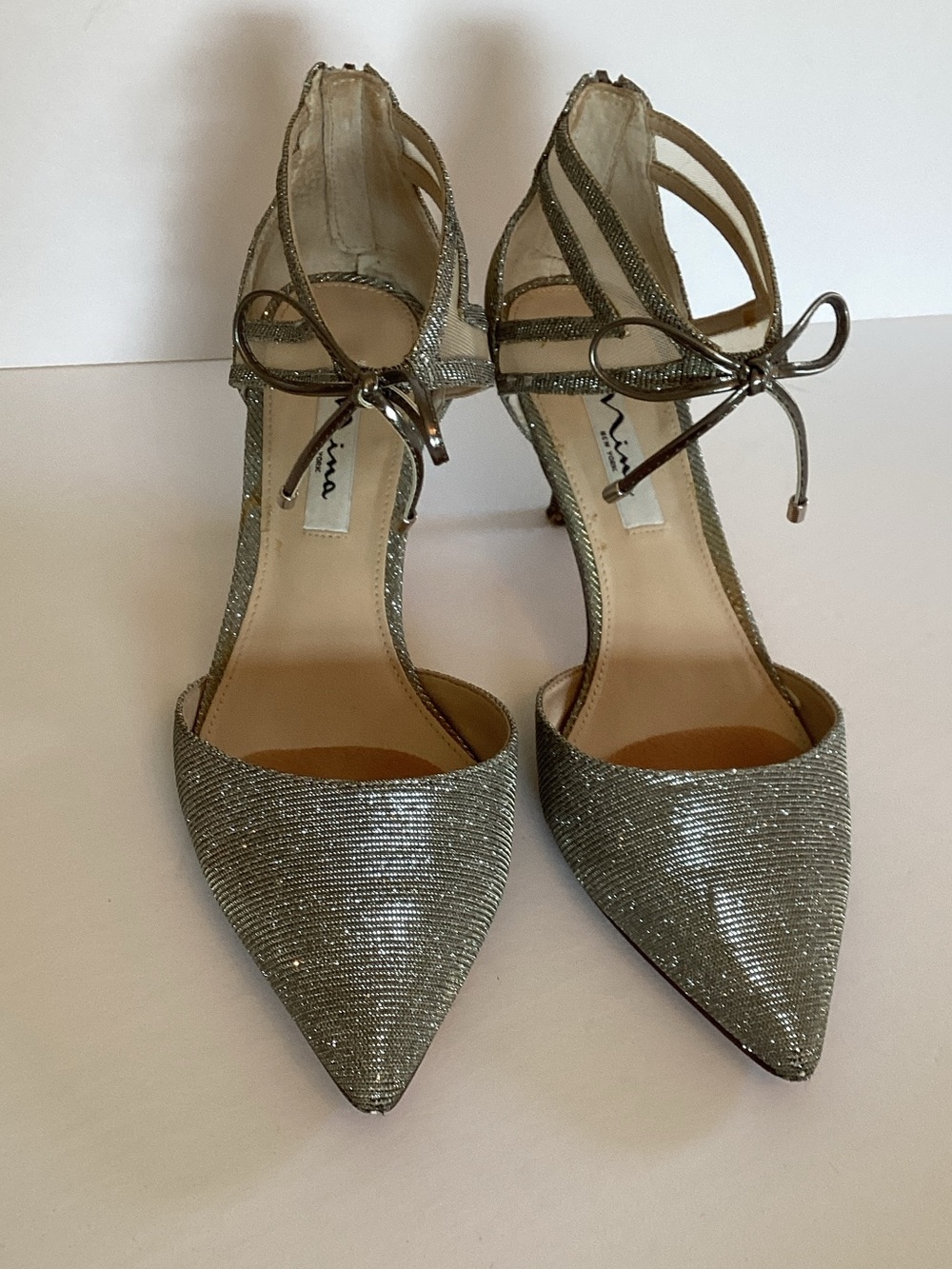 Nina Metallic  Pointed-Toe Ankle Tie back zip Pumps EUC